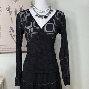 Vintage 90s Y2k Black Sheer Mesh Geometric Faux Wrap Top Retro Gothabilly S